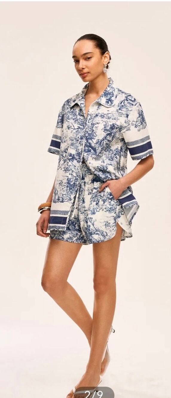 Commense Blue White Printed Contrast Trim Button Shirt Woman Medium Oversize NWT